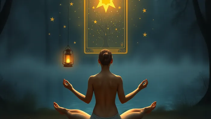 Человек в медитативной позе йоги созерцает светящуюся карту Таро в умиротворенном природном окружении, символизируя соединение телесной и символической практик.