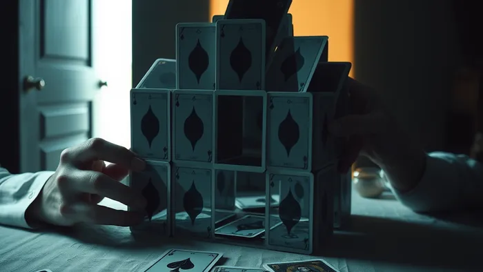 Символическое изображение перфекционизма: руки строят идеальный домик из зеркальных карт, отражающих страх и осуждение. Рядом лежат карты Таро Справедливость и Иерофант.