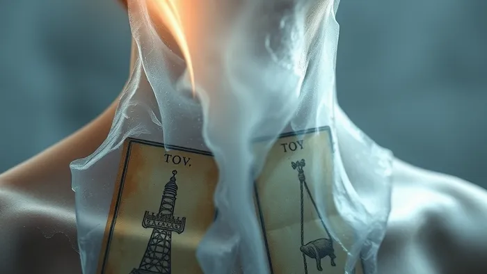 Символическое изображение плеч и шеи изо льда, внутри которого видны карты Таро. Лёд начинает таять под лучом света, символизируя освобождение от старой боли.