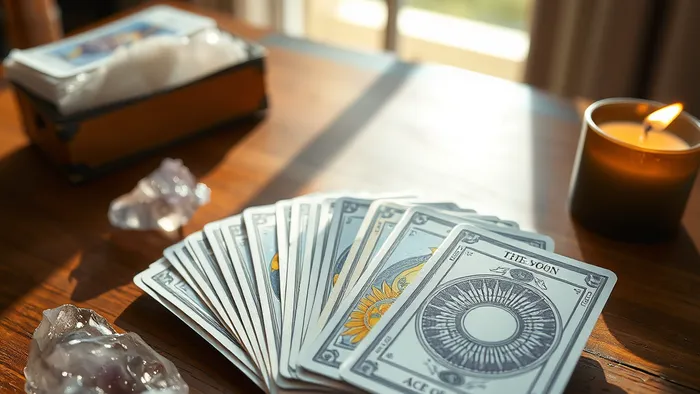 Колода карт Таро лежит на деревянном столе в лучах утреннего солнца, рядом кристаллы и свеча. Процесс энергетической настройки инструмента.