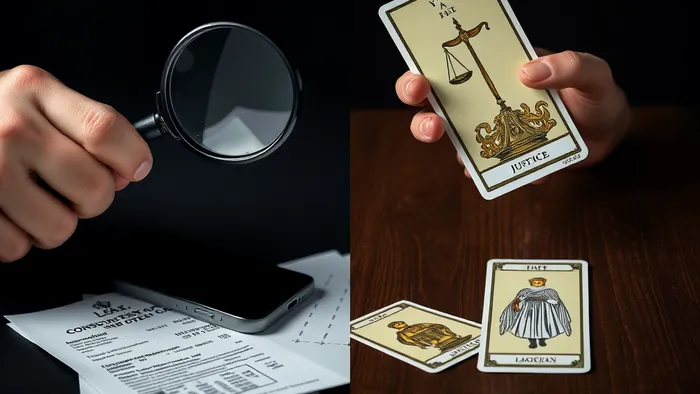 Концептуальное изображение: лупа над чеком и сломанным телефоном рядом с картами Таро Император, Правосудие и Маг на столе. Символизирует связь между сбором юридических доказательств и стратегическим мышлением.