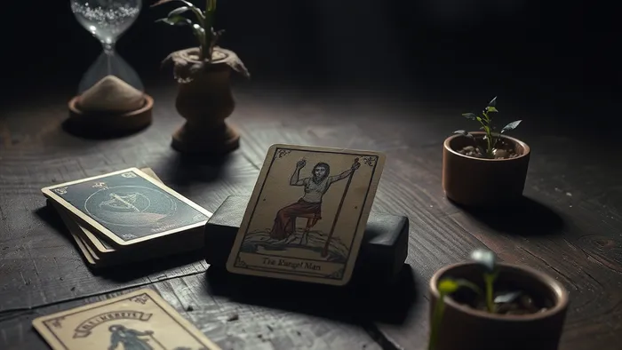 Символическая композиция: карта Таро 'Повешенный' и песочные часы на старом столе как метафора застоя и скрытого роста