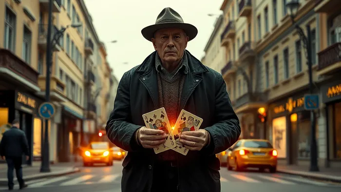 Человек использует карты Таро, чтобы осветить путь вперед на улице, где здания-призраки хранят воспоминания.