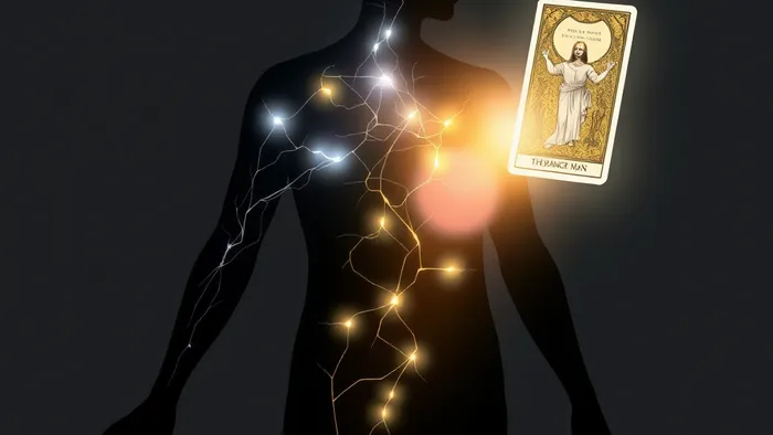 Символическое изображение энергетических блоков в теле человека и карта Таро Повешенный, освещающая их.