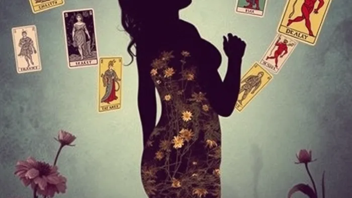 Символическое изображение женщины с прозрачным низом живота, внутри которого виден застойный сад. Вокруг парят карты Таро Императрица и Дьявол.
