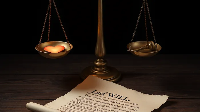 Символическое изображение дилеммы оспаривания завещания: старый документ на столе, весы правосудия, уравновешивающие сердце и судейский молоток, карта Таро Правосудие.