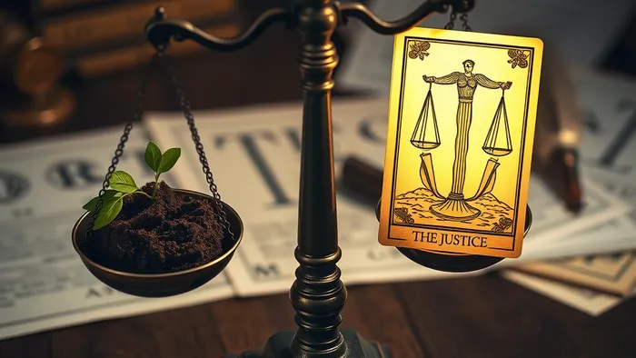 Весы правосудия уравновешивают ком земли и карту Таро «Правосудие» на фоне старых документов.