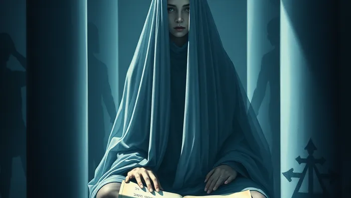 Символическое изображение карты Жрицы Таро как проективного теста: колонны отражают тени, на завесе узоры как кляксы Роршаха, свиток частично зеркальный.