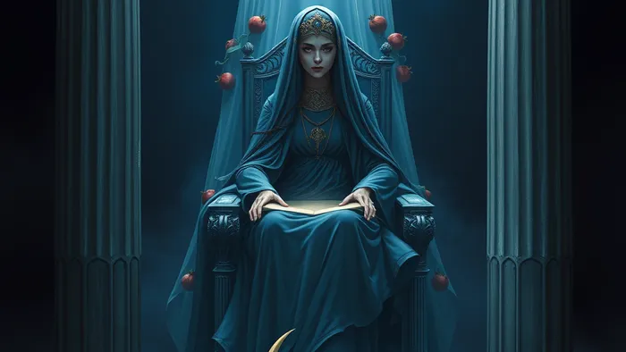 Детальное изображение аркана Жрица из колоды Таро Райдера-Уэйта: женщина в синих одеждах между чёрной и белой колонной, за ней узорчатая завеса, у ног — полумесяц.