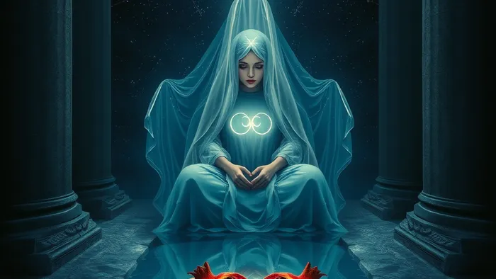Мистическая иллюстрация аркана Жрица Таро: между колоннами, у лунного колодца, в отражении которого — символы глубокой духовной связи.