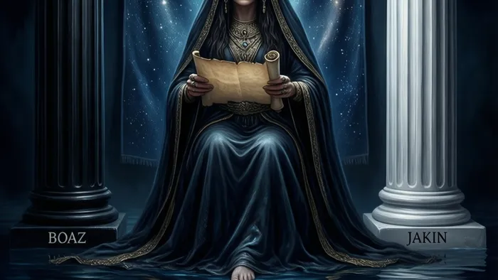 Аркан Жрица Таро в переосмысленном виде, подчёркивающем её предостерегающую природу: колонны, луна, скрытый свиток и бездна за вуалью.