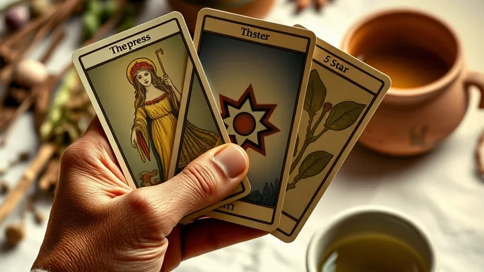 Руки держат карты Таро Императрица, Звезда и Пятерка Пентаклей на фоне лечебных трав, символизируя целостный подход к раскладу на здоровье