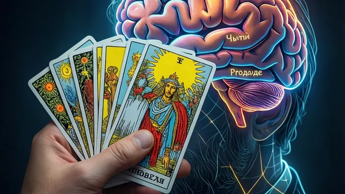 Схематическая иллюстрация расклада карт Таро на карте разума мужчины, показывающая разные позиции: чувства, мысли, прошлое, мотивы.