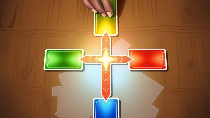 Символическая иллюстрация расклада Таро на покупку: карты лежат в виде креста на деревянном столе, каждая позиция подсвечена своим цветом, под ними виден полупрозрачный план дома.