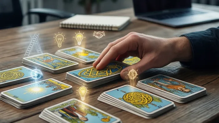 Рука раскладывает карты Таро в позиции расклада Кельтский Крест на фоне современного рабочего стола. Над картами парят символы карьеры: лестница, лампочка, рукопожатие.