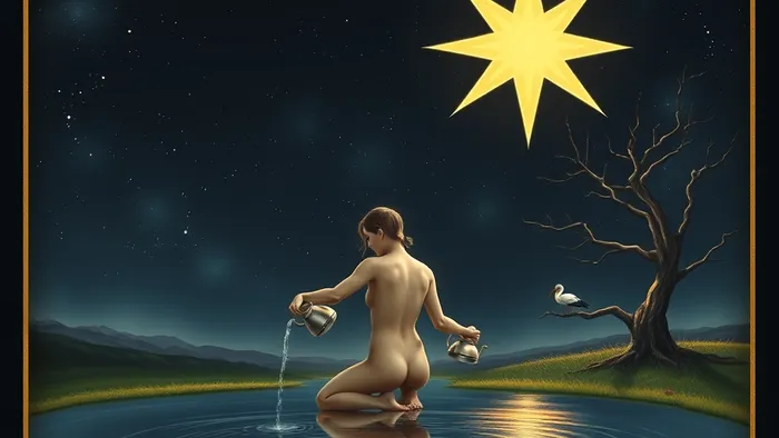 Иллюстрация Аркана Таро 'Звезда': обнаженная фигура у водоема под звездным небом, льющая воду из двух кувшинов.