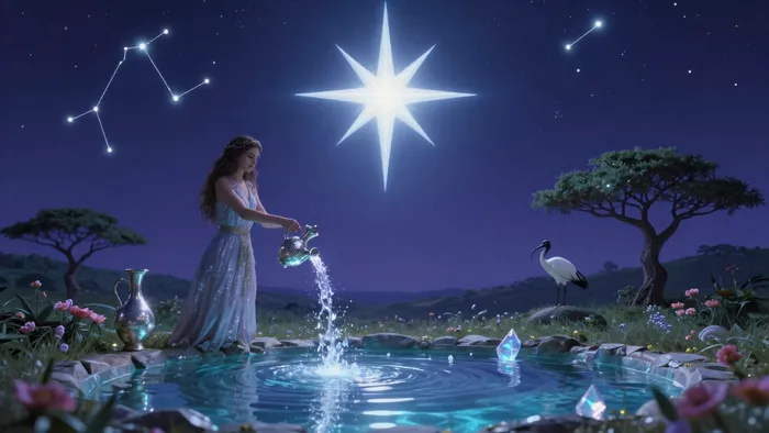 Символическое изображение аркана Таро Звезда, соответствующего знаку зодиака Водолей: женщина льет светящуюся воду из кувшинов под звездным небом.