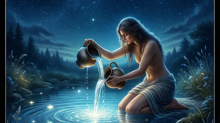 Символическое изображение аркана Звезда Таро: обнаженная фигура у водоема под звездным небом, олицетворяющая надежду, обновление и внутренний свет.