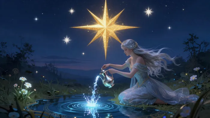 Аркан Таро Звезда: женщина у озера под ночным небом, символизирующая надежду, исцеление и духовное обновление.