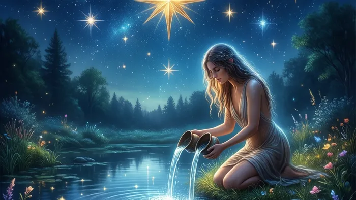 Символическое изображение аркана Звезда Таро: фигура у водоёма под звёздным небом, олицетворяющая надежду, исцеление и обновление в отношениях.