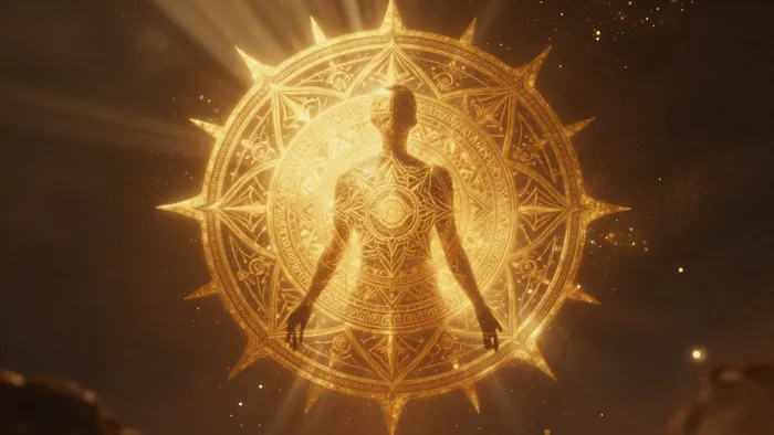 Алхимический символ архетипа Солнца: человеческий силуэт, наполненный золотым светом и сакральной геометрией на теплом фоне.