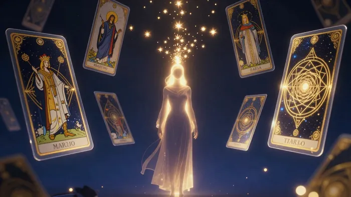 Эзотерическая иллюстрация связи человеческого сознания с архетипами Таро через светящиеся энергетические линии и символы сакральной геометрии