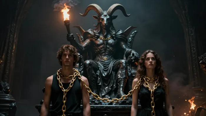 Аркан Дьявол в Таро: фигура Бафомета на пьедестале и люди с цепями в мистической атмосфере