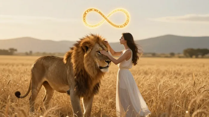 Аркан Таро Сила: женщина в белом платье укрощает льва на фоне золотого поля и символа бесконечности