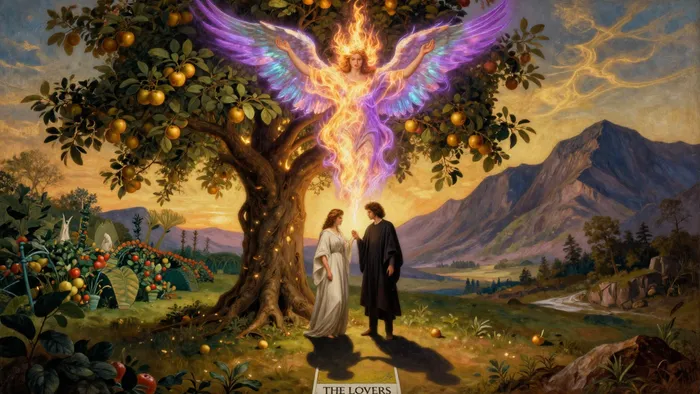 Иллюстрация к статье: Аркан Влюбленные: Почему это карта не про секс, а про самый сложный выбор в вашей жизни