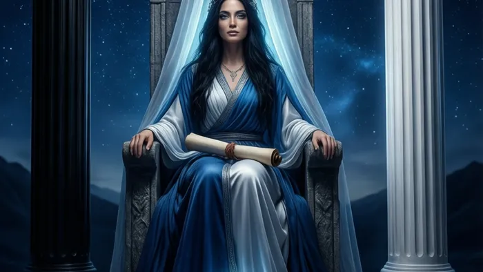 Детальное изображение Аркана Жрица из колоды Таро: женщина в синих одеждах сидит между чёрной и белой колонной, держа свиток, у её ног — полумесяц.