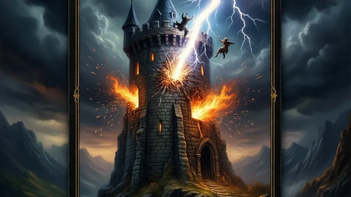 Драматическое изображение аркана Башня Таро: каменная башня, пораженная молнией, из окон вырывается пламя, две фигурки падают вниз.