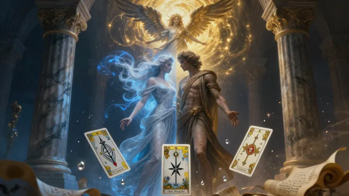 Эзотерическая иллюстрация, объединяющая символику знака Близнецы, аркана Влюбленные и планеты Меркурий в стиле Таро