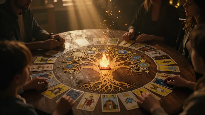 Глубокий расклад Таро на будущее семьи, символизирующий родовые связи, домашний уют и предсказание судьбы в золотистых тонах.