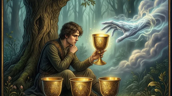 Иллюстрация карты Таро Четверка Кубков: задумчивый юноша под деревом не замечает кубок, который ему протягивает рука из облака.