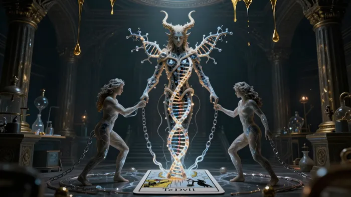 Иллюстрация к статье: Дьявол на здоровье в Таро: Скрытые зависимости, тень и освобождение через тело