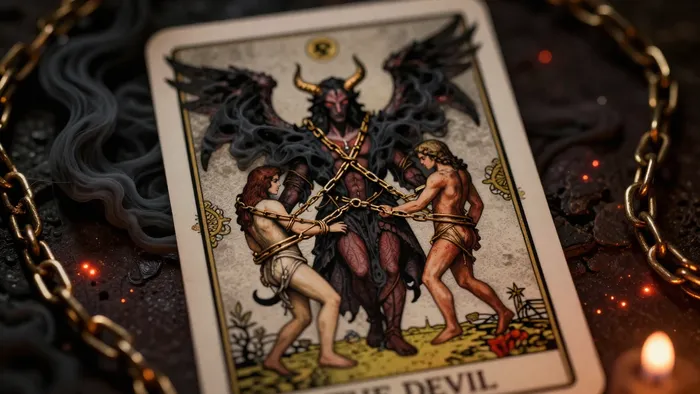 Аркан Дьявол в Таро: символика цепей, темного искушения и тени души в эзотерическом искусстве.