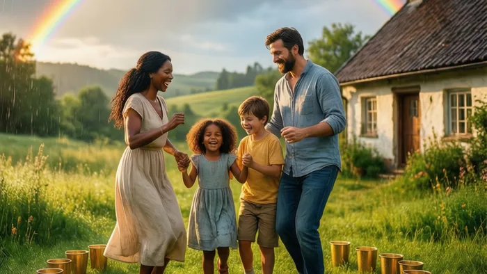 Счастливая семья танцует под радугой у дома, рядом десять золотых кубков — классическое изображение карты Десятка Кубков Таро, символизирующее гармонию и эмоциональную полноту.