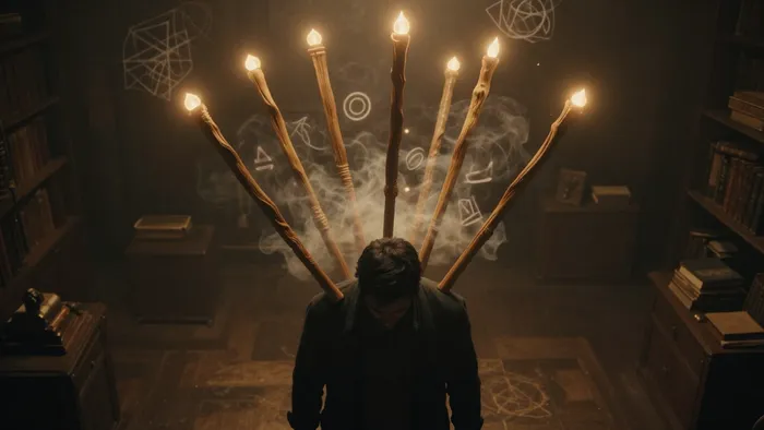 Мужской силуэт под тяжестью десяти светящихся жезлов, символизирующий ментальную перегрузку и тяжелые мысли в Таро