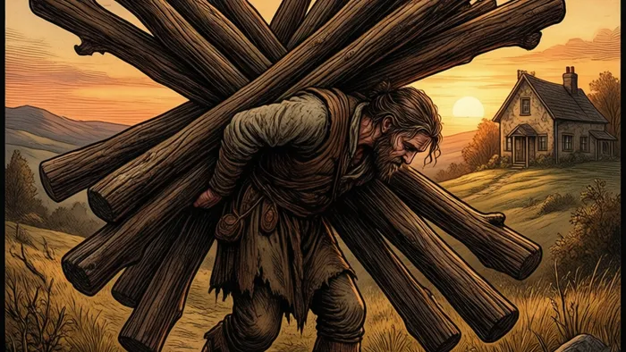 Иллюстрация карты Таро Десятка Жезлов: человек согнулся под тяжестью десяти больших посохов, идущий к дому на холме.