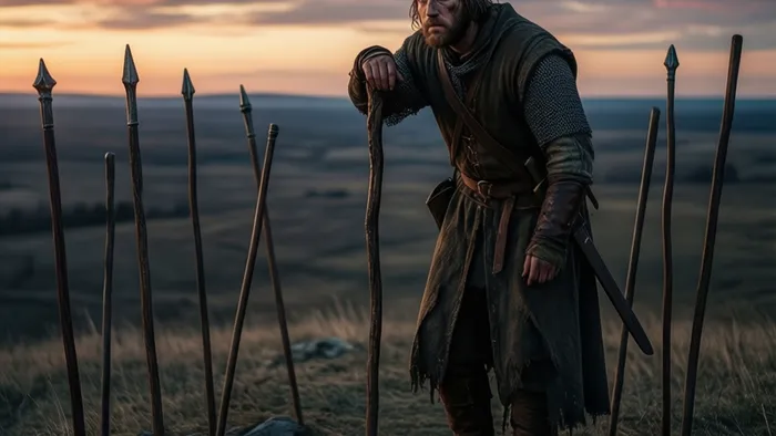 Визуализация карты Девятка Жезлов Таро: усталый страж с посохом на фоне частокола из восьми жезлов, закатное небо.