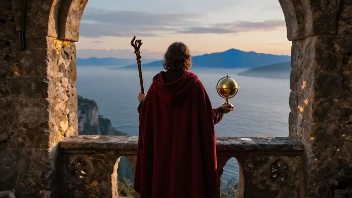 Карта Таро Двойка Жезлов: человек на стене замка с глобусом в руках смотрит на океан, символизируя планирование и выбор пути.