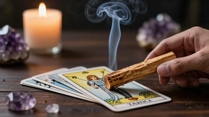 Процесс окуривания колоды Таро дымом пало санто для энергетической очистки на деревянном столе со свечами