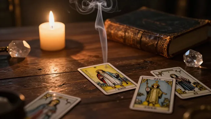 Расклад карт Таро на деревянном столе при свечах в мистической атмосфере