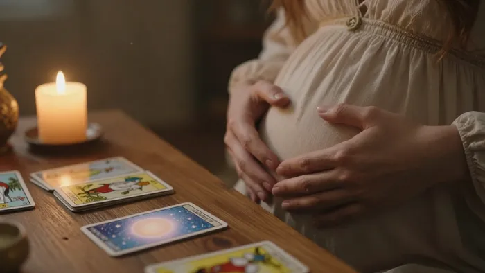 Женские руки на животе рядом с картами Таро в мягком свете свечей, символизирующие гадание на пол ребенка