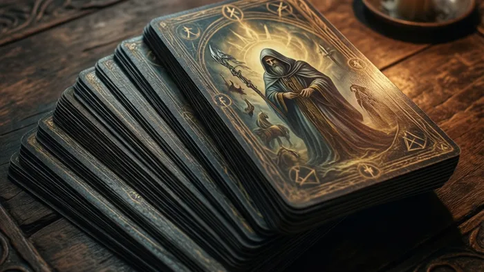 Старинная колода карт Таро, разложенная на деревянном столе для расклада на прошлые жизни. Видны символы Старших Арканов.