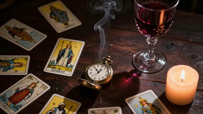 Расклад карт Таро на старинном столе со свечой и часами, символизирующий гадание на юбилей и течение времени
