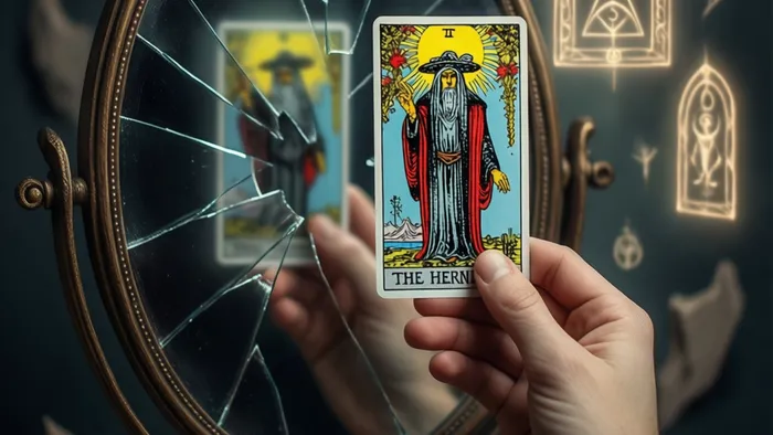 Символическая иллюстрация: рука держит карту Таро Отшельник перед разбитым зеркалом, в отражении которой смешиваются архетипические образы и тени, олицетворяющие гештальт-подход к картам.