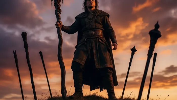 Символическое изображение Семерки Жезлов Таро: человек стоит на холме, держа жезл, в то время как другие жезлы направлены на него снизу.