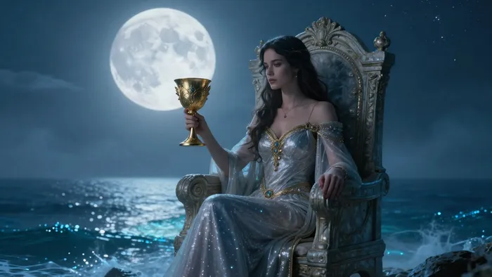 Иллюстрация к статье: Королева Кубков как карта дня: практика погружения в интуитивный поток