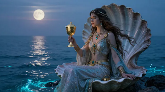 Аркан Таро Королева Кубков: женщина на троне у моря с золотой чашей в руках, мистическая атмосфера